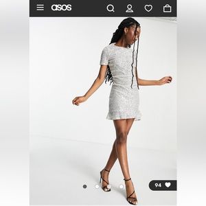 ASOS Ever New Curve cap sleeve frill hem sequin mini dress in silver Size 14
